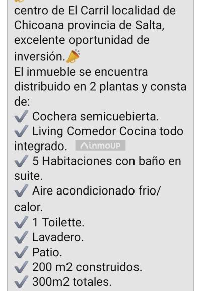 Casa en Venta en Chicoana, Salta